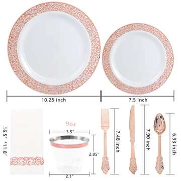 bUCLA 350PCS Rose Gold Plastic Plates With Disposable Plastic Silverware& Napkins - Rose Gold Rim Plastic Dinnerware Lace Design for Wedding&Party