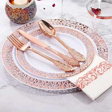 bUCLA 350PCS Rose Gold Plastic Plates With Disposable Plastic Silverware& Napkins - Rose Gold Rim Plastic Dinnerware Lace Design for Wedding&Party