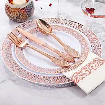 bUCLA 350PCS Rose Gold Plastic Plates With Disposable Plastic Silverware& Napkins - Rose Gold Rim Plastic Dinnerware Lace Design for Wedding&Party