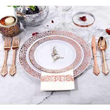 bUCLA 350PCS Rose Gold Plastic Plates With Disposable Plastic Silverware& Napkins - Rose Gold Rim Plastic Dinnerware Lace Design for Wedding&Party