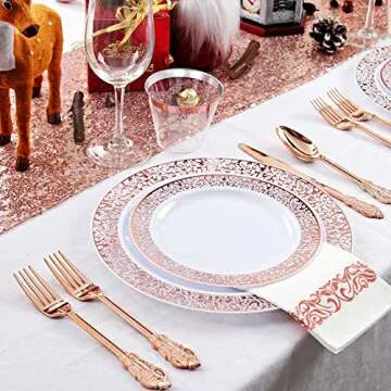bUCLA 350PCS Rose Gold Plastic Plates With Disposable Plastic Silverware& Napkins - Rose Gold Rim Plastic Dinnerware Lace Design for Wedding&Party