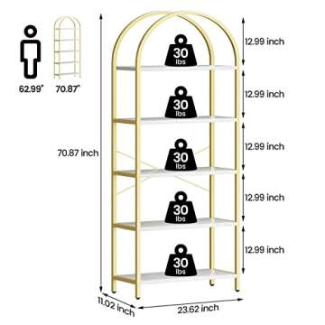 IDEALHOUSE Bookshelf 5 Tier Bookcase Arched Display Racks Tall Standing Bookshelves Metal Frame Mode...