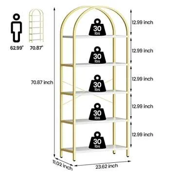 IDEALHOUSE Bookshelf 5 Tier Bookcase Arched Display Racks Tall Standing Bookshelves Metal Frame Mode...