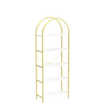 IDEALHOUSE Bookshelf 5 Tier Bookcase Arched Display Racks Tall Standing Bookshelves Metal Frame Modern Storage Rack Shelf Large Wood Book Shelf for Bedroom, Living Room, Home Office, White/Gold