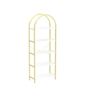 IDEALHOUSE Bookshelf 5 Tier Bookcase Arched Display Racks Tall Standing Bookshelves Metal Frame Modern Storage Rack Shelf Large Wood Book Shelf for Bedroom, Living Room, Home Office, White/Gold