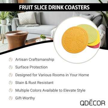 Questech Decor Drink Coasters - Boho Coasters for Coffee Table, Farmhouse Home Decor, Kitchen Decor Housewarming Gift, Fruit Slice, Assorted Colors, Set of 4