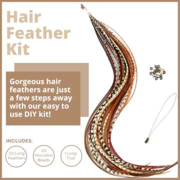 Hair Feathers Kit, 20 Beautiful Feathers for Hair, Brown Black White Long Feather Extensions with beads and loop tool, 100% Real Rooster Boho Soft Natural Feather Accessories