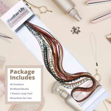 Hair Feathers Kit, 20 Beautiful Feathers for Hair, Brown Black White Long Feather Extensions with beads and loop tool, 100% Real Rooster Boho Soft Natural Feather Accessories