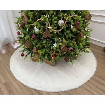 72-Inch Hearthside White Faux Fur Christmas Tree Skirt, Fuzzy Plush Xmas Tree Base Cover Holiday Decoration