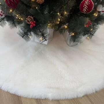 72-Inch Hearthside White Faux Fur Christmas Tree Skirt, Fuzzy Plush Xmas Tree Base Cover Holiday Decoration