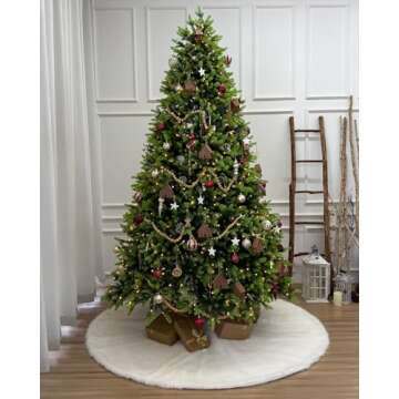 72-Inch Hearthside White Faux Fur Christmas Tree Skirt, Fuzzy Plush Xmas Tree Base Cover Holiday Decoration