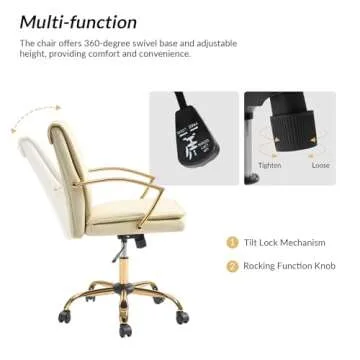 HULALA HOME Faux Leather Office Chair, Modern Adjustable Swivel Rocking Rolling Wheels Computer Desk Chair with Gold Legs and Arms, Upholstered Study Chair (White)