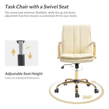 HULALA HOME Faux Leather Office Chair, Modern Adjustable Swivel Rocking Rolling Wheels Computer Desk Chair with Gold Legs and Arms, Upholstered Study Chair (White)