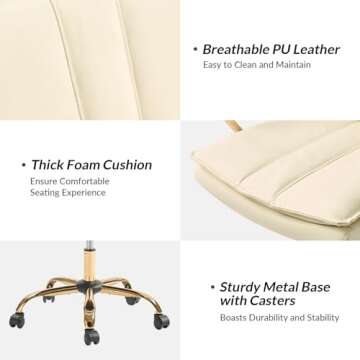 HULALA HOME Faux Leather Office Chair, Modern Adjustable Swivel Rocking Rolling Wheels Computer Desk Chair with Gold Legs and Arms, Upholstered Study Chair (White)