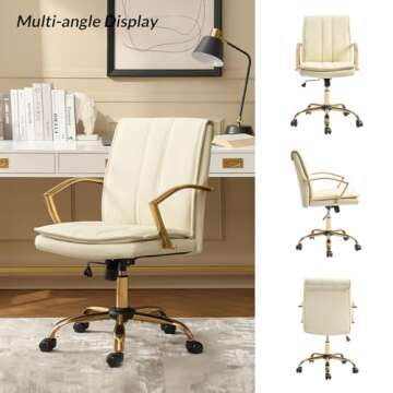 HULALA HOME Faux Leather Office Chair, Modern Adjustable Swivel Rocking Rolling Wheels Computer Desk Chair with Gold Legs and Arms, Upholstered Study Chair (White)