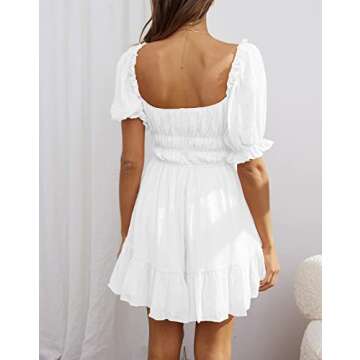 Merzhiiry Womens Dress Puff Sleeve Square Neck High Waist Smocked Dress for Women White Ruffle Flowy A Line Knee Length Short Dresses S
