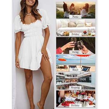 Merzhiiry Womens Dress Puff Sleeve Square Neck High Waist Smocked Dress for Women White Ruffle Flowy A Line Knee Length Short Dresses S