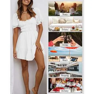 Merzhiiry Womens Dress Puff Sleeve Square Neck High Waist Smocked Dress for Women White Ruffle Flowy A Line Knee Length Short Dresses S