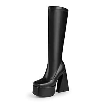 wetkiss Knee High Platform Boots, Black Platform Gogo Boots Chunky Heel Boots Square Toe PU Vegan Leather Stretch Long Boots for Women