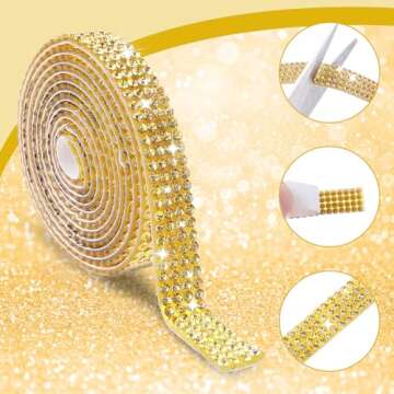 Self Adhesive Rhinestone Ribbons 4 Rolls Bling Crystal Rhinestone Strips Stickers Glitter Wrap Roll for DIY Crafts Clothes Car Shoes (4 Rows of 1 Yard, Gold)