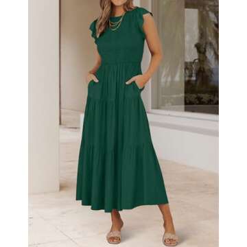 ZESICA Women's 2024 Summer Casual Flutter Short Sleeve Crew Neck Smocked Elastic Waist Tiered Midi Dress,Dark Green,Medium