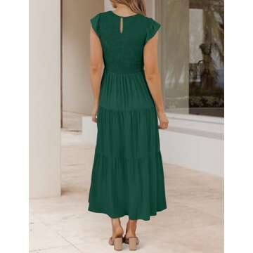 ZESICA Women's 2024 Summer Casual Flutter Short Sleeve Crew Neck Smocked Elastic Waist Tiered Midi Dress,Dark Green,Medium