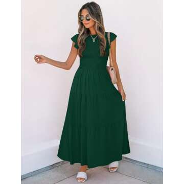 ZESICA Women's 2024 Summer Casual Flutter Short Sleeve Crew Neck Smocked Elastic Waist Tiered Midi Dress,Dark Green,Medium