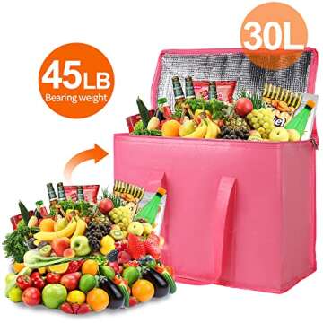 2-Pack Insulated Reusable Grocery Shopping Bag, X-Large Frozen Food Cold, Bodaon Cooler Bags with Zippered Top, Insulated Food Delivery Bag, Pink