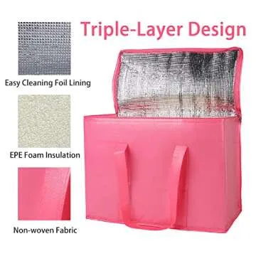 2-Pack Insulated Reusable Grocery Shopping Bag, X-Large Frozen Food Cold, Bodaon Cooler Bags with Zippered Top, Insulated Food Delivery Bag, Pink