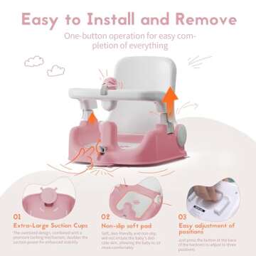 BabyBond Baby Bath Seat with Sitting & Lying 2 Modes, 3-Speed Adjustment, Powerful Suction Cups, Infant Bathtub Chair with Soft and Comfortable Towel, Folding and Hanging