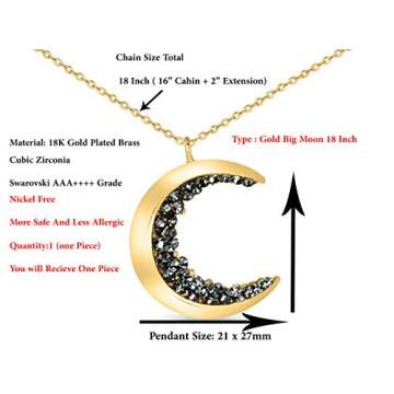 ONDAISY 18K Gold Plated Black Cz Gypsy Planet Big Half Crescent Sailor Luna Moon Pendant Charm 18inch Chain Necklace