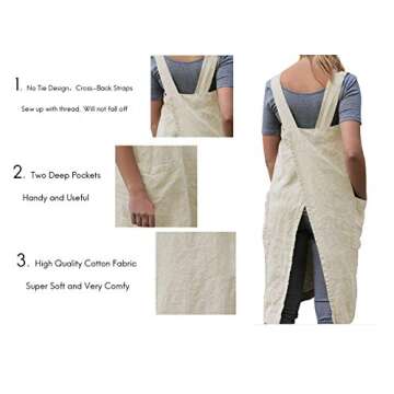 Women's Pinafore Square Apron Baking Cooking Gardening Works Cross Back Cotton/Linen Blend Dress with 2 Pockets Apricot-2XL