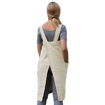 Women's Pinafore Square Apron Baking Cooking Gardening Works Cross Back Cotton/Linen Blend Dress with 2 Pockets Apricot-2XL