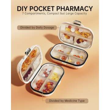 Lechchy Travel Pill Organizer with Labels, 7 Compartments Portable Pill Box, Small Pill Case for Pocket Purse, Daily Vitamin Supplement Pill Container with Medicine Tracker Travel Essentials 1 Pack