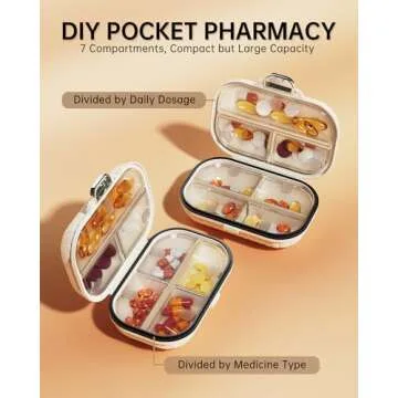 Lechchy Travel Pill Organizer with Labels, 7 Compartments Portable Pill Box, Small Pill Case for Pocket Purse, Daily Vitamin Supplement Pill Container with Medicine Tracker Travel Essentials 1 Pack