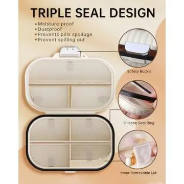 Lechchy Travel Pill Organizer with Labels, 7 Compartments Portable Pill Box, Small Pill Case for Pocket Purse, Daily Vitamin Supplement Pill Container with Medicine Tracker Travel Essentials 1 Pack