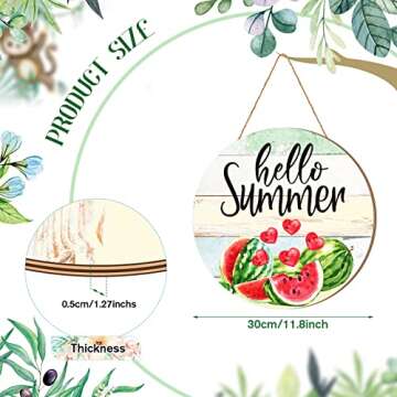 Ferraycle Wooden Door Sign, Hello Summer Decorative Signage, 12 x 12 Inches, Round, Modern, Green, Pink