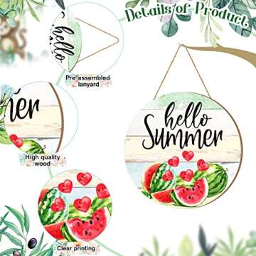 Ferraycle Wooden Door Sign, Hello Summer Decorative Signage, 12 x 12 Inches, Round, Modern, Green, Pink
