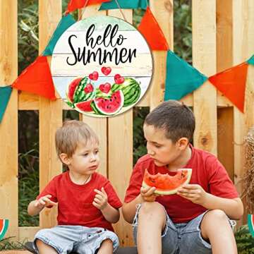 Ferraycle Wooden Door Sign, Hello Summer Decorative Signage, 12 x 12 Inches, Round, Modern, Green, Pink