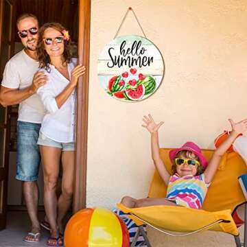 Ferraycle Wooden Door Sign, Hello Summer Decorative Signage, 12 x 12 Inches, Round, Modern, Green, Pink