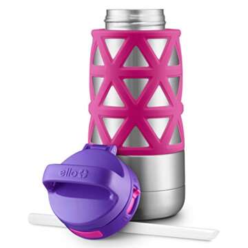Ello Max Kids Vacuum Insulated Stainless Steel Water Bottle with Silicon Sleeve, 12 oz, Pink/Purple
