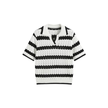 CIDER French Riviera Vacation Polo Striped Hollow Out Knitted Short Sleeve Top: White, M