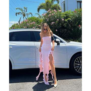 Women Y2k Strapless Bodycon Dress Summer Irregular Tassel Split Ruched Long Dress Sexy Tube Dress for Party Club (A-Pink, M)