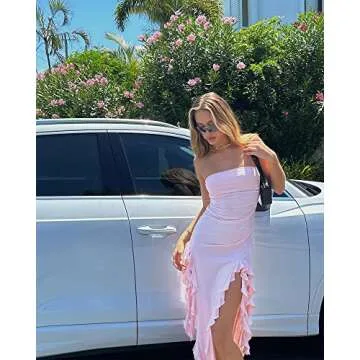 Women Y2k Strapless Bodycon Dress Summer Irregular Tassel Split Ruched Long Dress Sexy Tube Dress for Party Club (A-Pink, M)