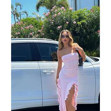 Women Y2k Strapless Bodycon Dress Summer Irregular Tassel Split Ruched Long Dress Sexy Tube Dress for Party Club (A-Pink, M)