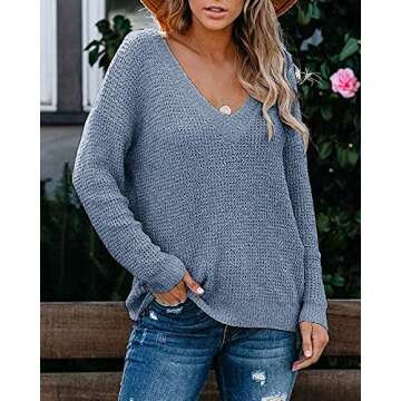 Nulibenna Womens Casual Oversized V Neck Waffle Knit Long Sleeve Sweater Chunky Pullover Crop Jumper Tops (Small, Blue)