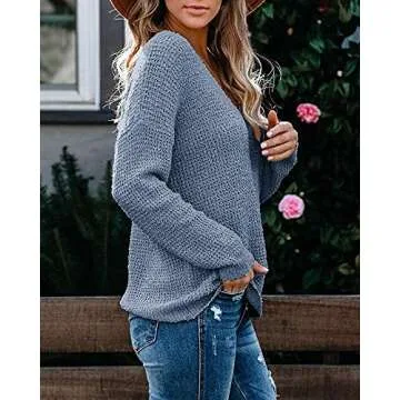 Nulibenna Womens Casual Oversized V Neck Waffle Knit Long Sleeve Sweater Chunky Pullover Crop Jumper Tops (Small, Blue)