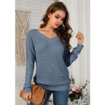 Nulibenna Womens Casual Oversized V Neck Waffle Knit Long Sleeve Sweater Chunky Pullover Crop Jumper Tops (Small, Blue)