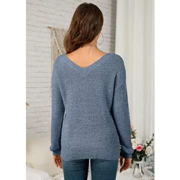 Nulibenna Womens Casual Oversized V Neck Waffle Knit Long Sleeve Sweater Chunky Pullover Crop Jumper Tops (Small, Blue)