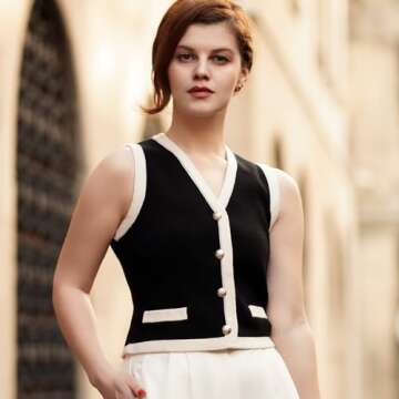 GOELIA Women's Black Sleeveless V Neck Knit Sweater Vest Cardigan Summer Cute Black Sleeveless Sweater Vest Knit V Neck Cardigan